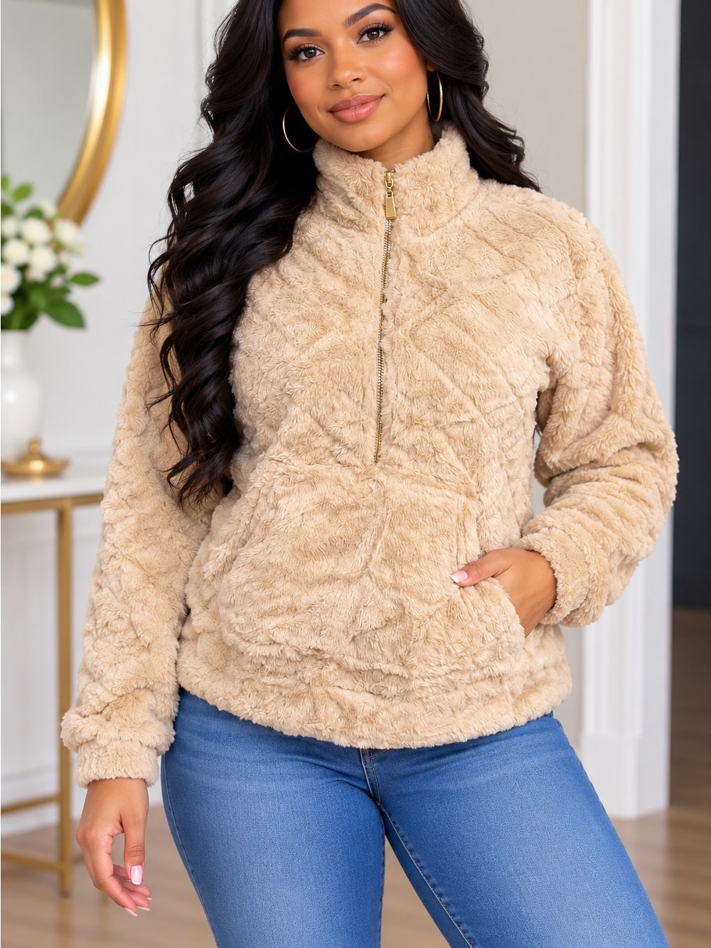 No Boundaries Plush Half-Zip Teddy Jacket - Beige